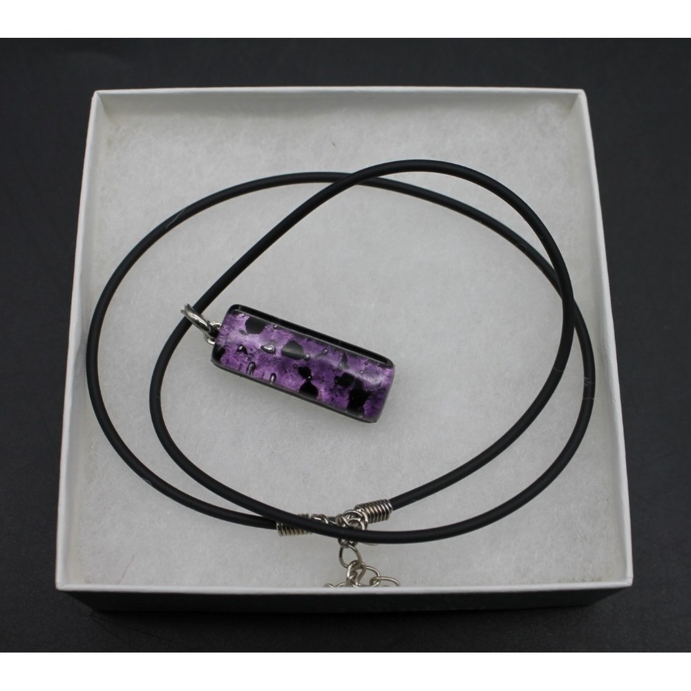 Authentic Murano Glass Pendant Necklace Purple Rectangular Leather Cord Box